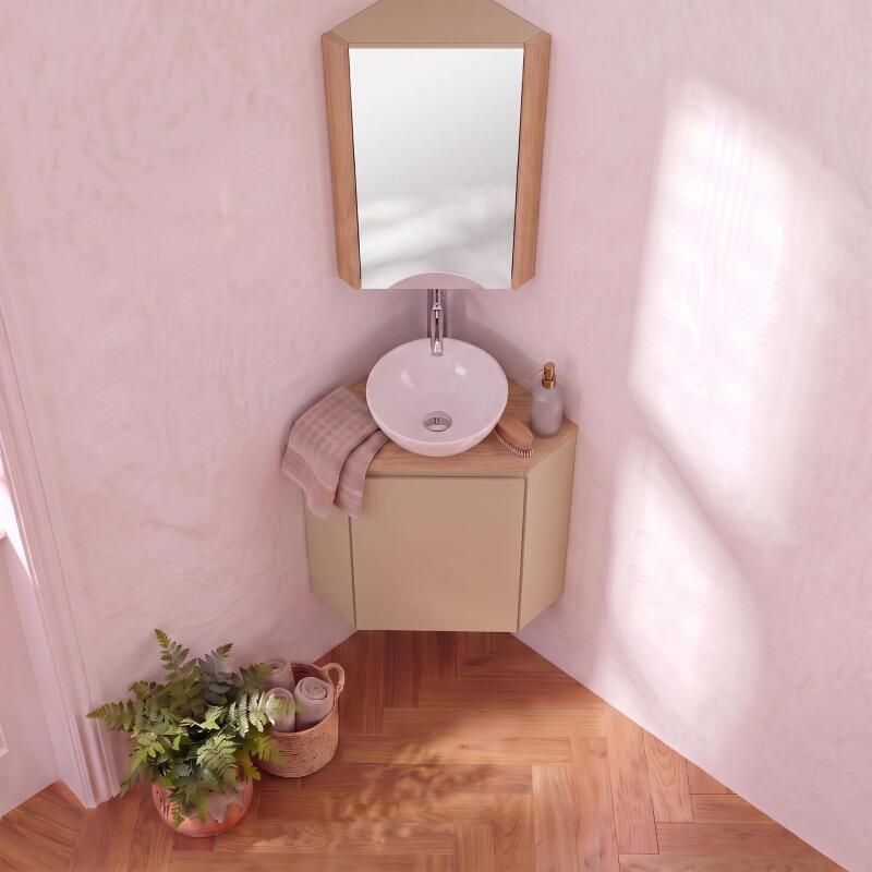 Ensemble lave-mains d'angle avec vasque, robinet et armoire de toilette