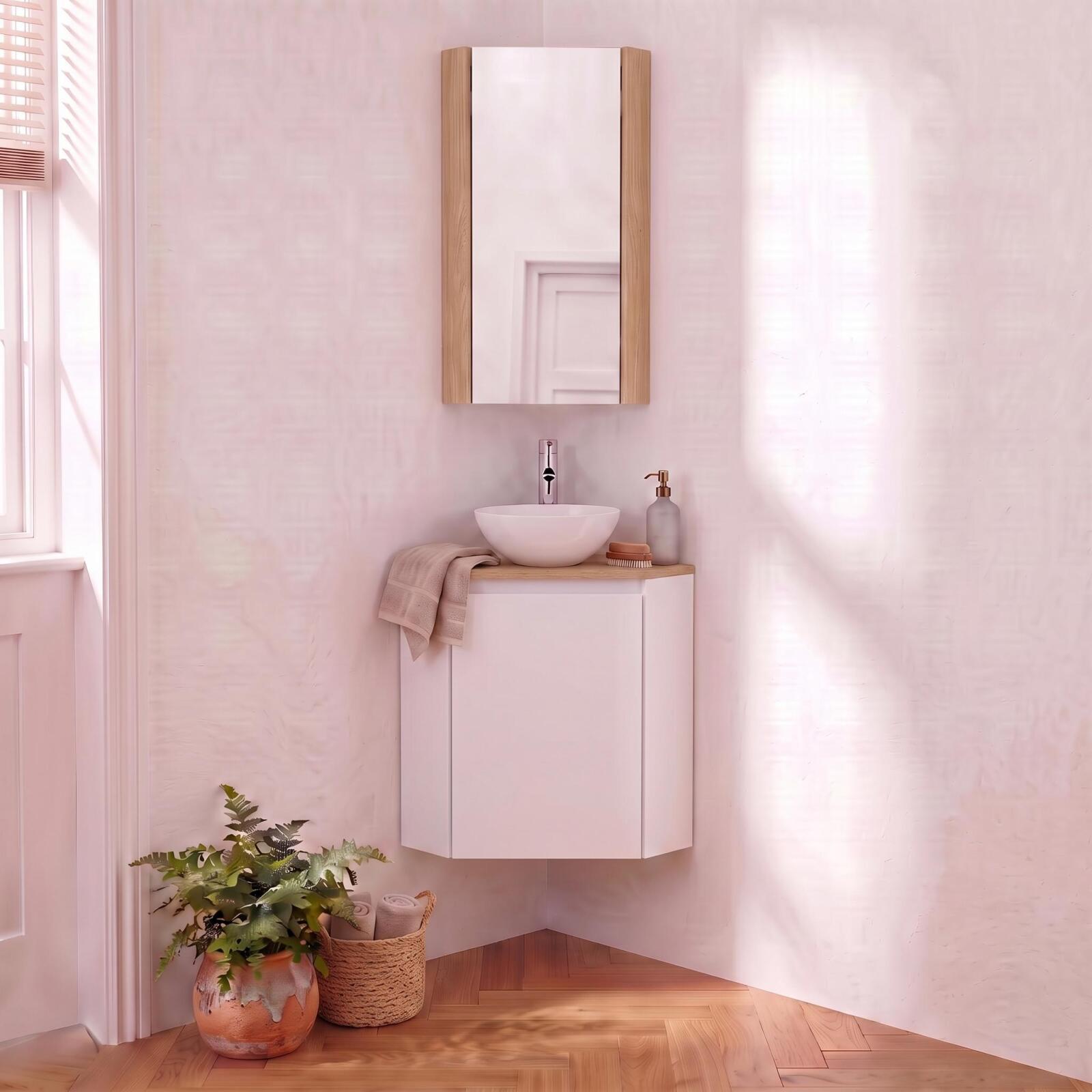 Ensemble lave-mains d'angle avec vasque, robinet et armoire de toilette