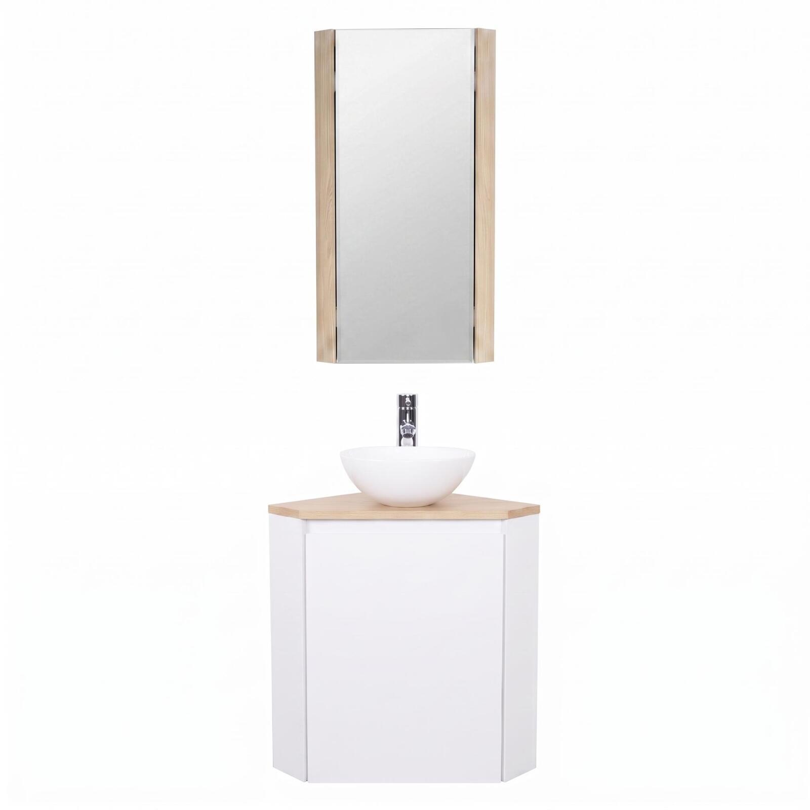 Ensemble lave-mains d'angle avec vasque, robinet et armoire de toilette
