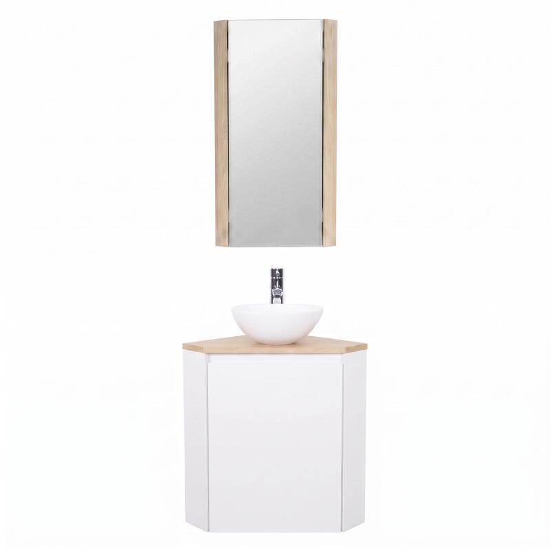 Ensemble lave-mains d'angle avec vasque, robinet et armoire de toilette