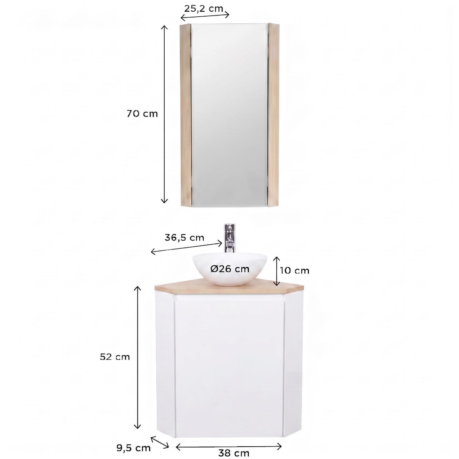 Ensemble lave-mains d'angle avec vasque, robinet et armoire de toilette