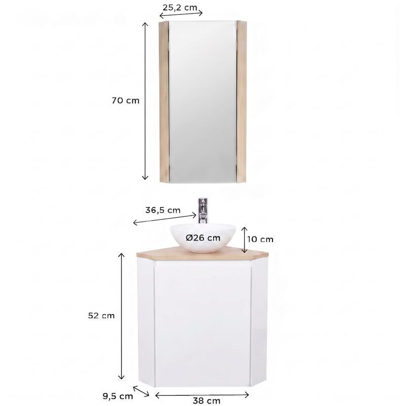 Ensemble lave-mains d'angle avec vasque, robinet et armoire de toilette