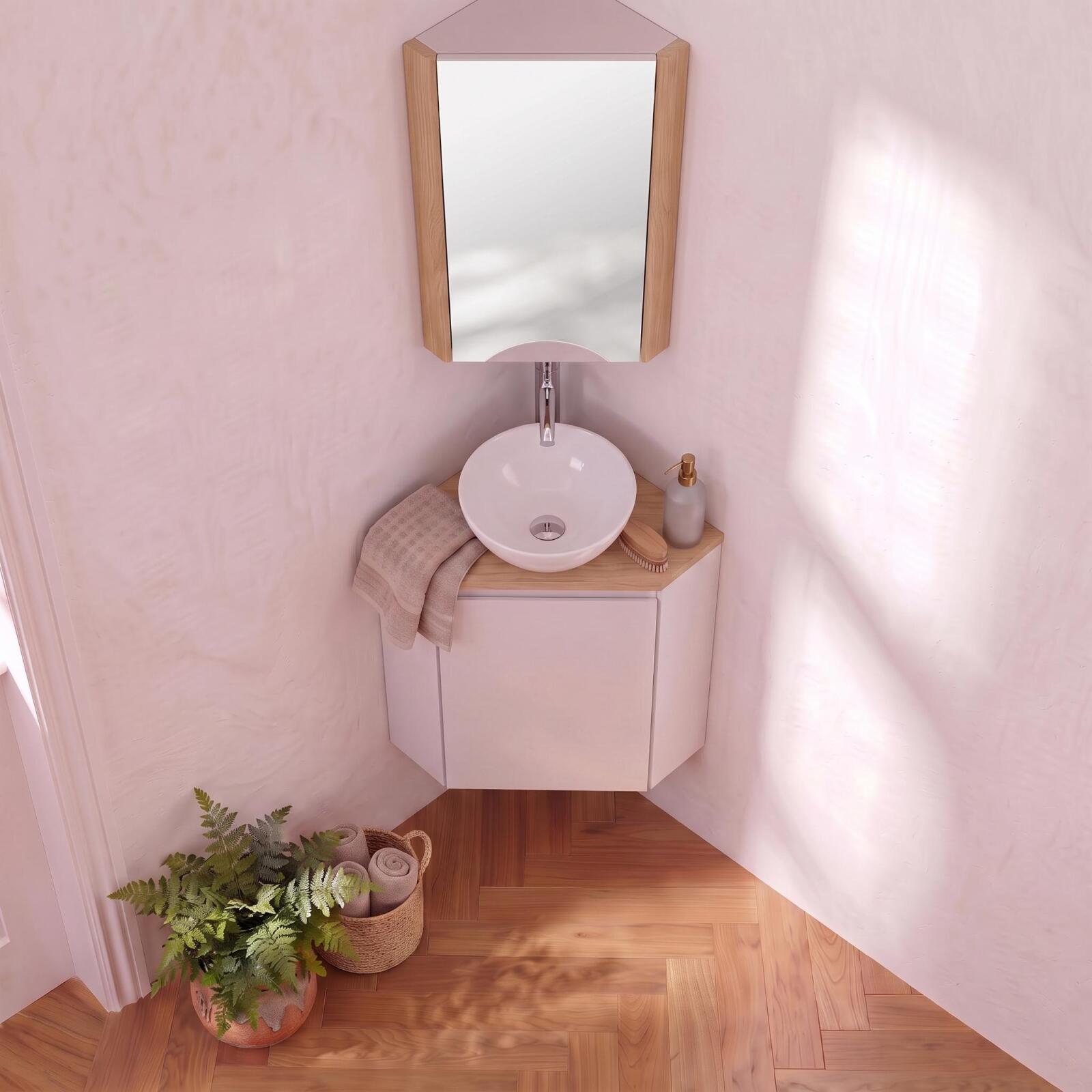 Ensemble lave-mains d'angle avec vasque, robinet et armoire de toilette