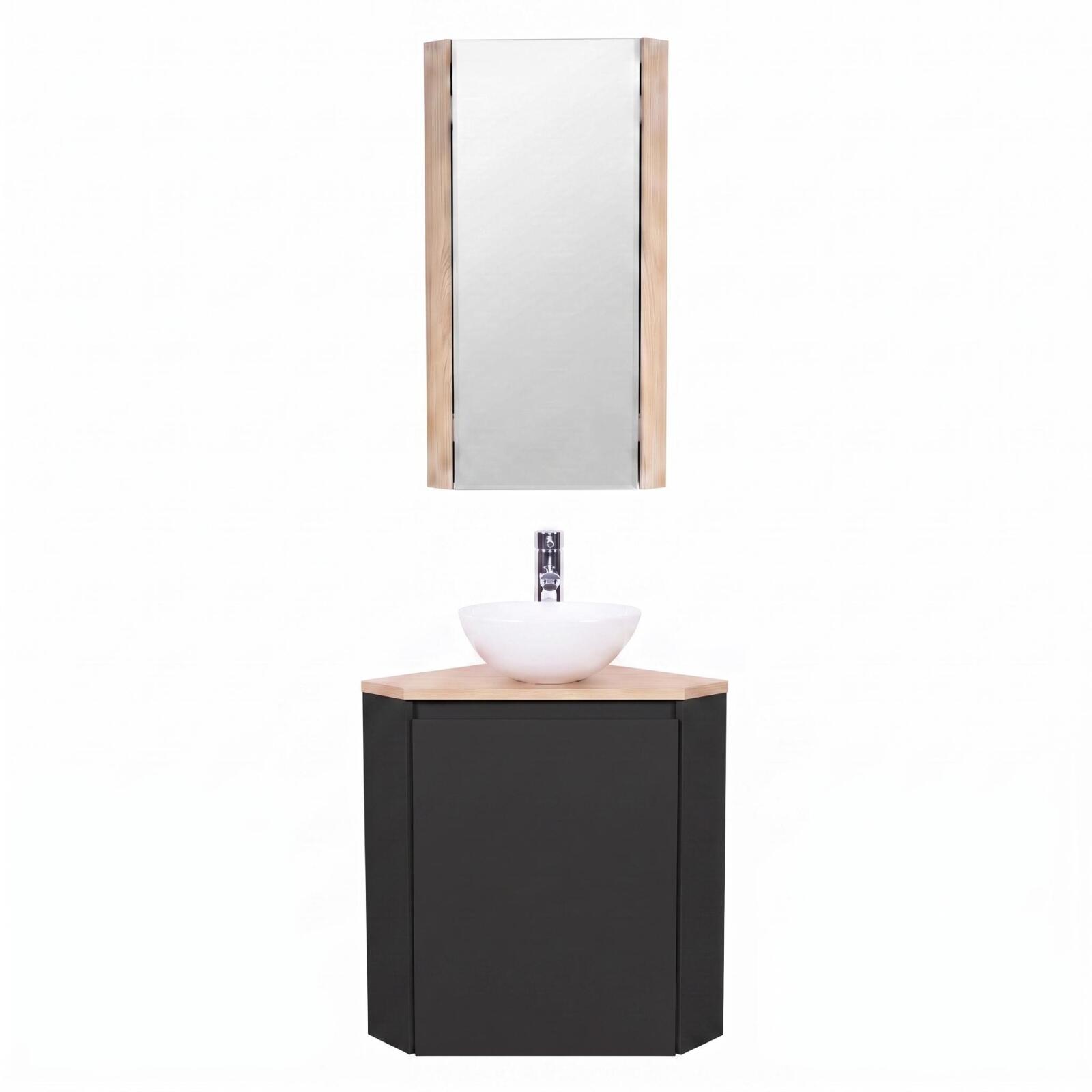 Ensemble lave-mains d'angle avec vasque, robinet et armoire de toilette