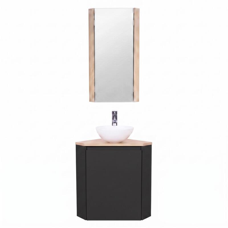 Ensemble lave-mains d'angle avec vasque, robinet et armoire de toilette