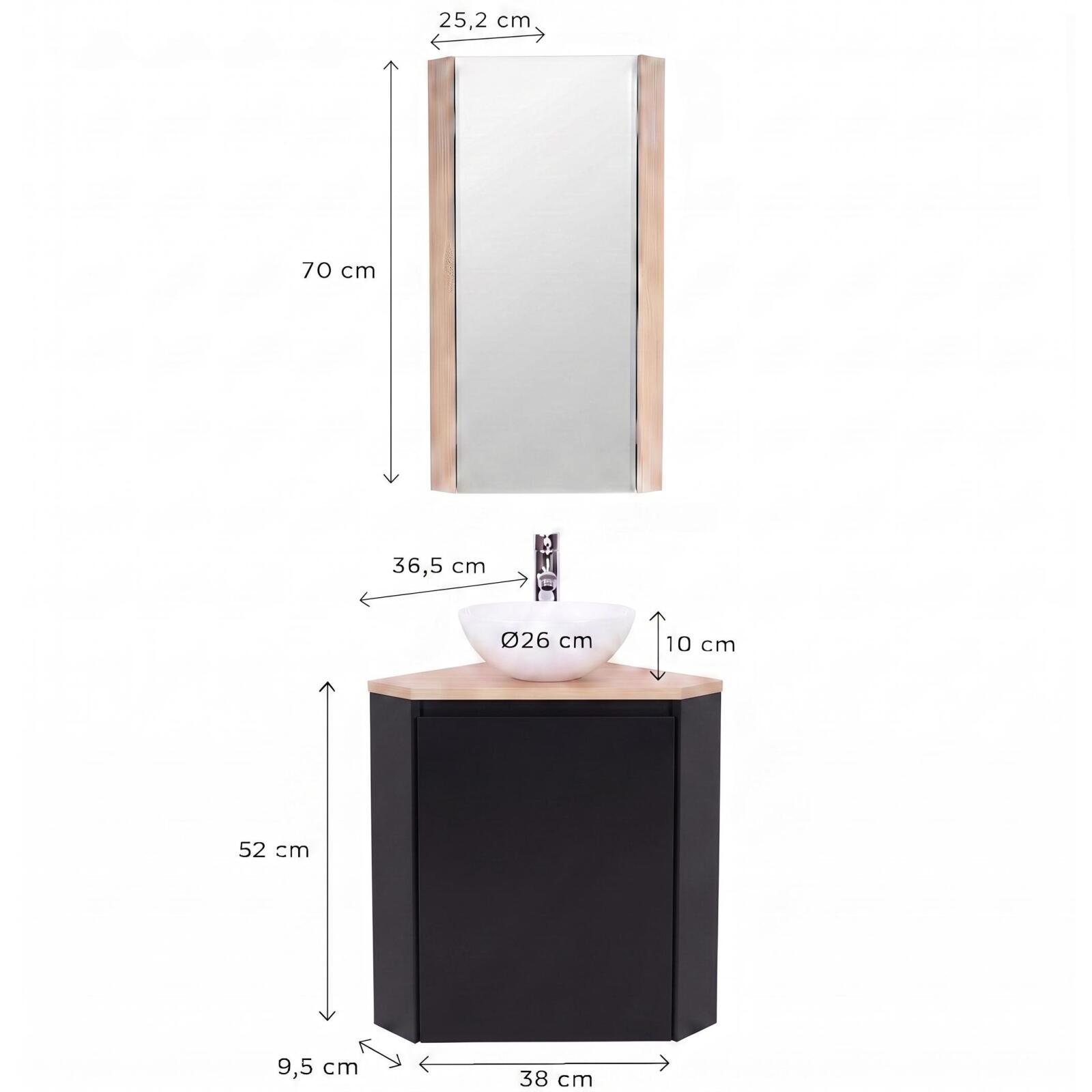 Ensemble lave-mains d'angle avec vasque, robinet et armoire de toilette