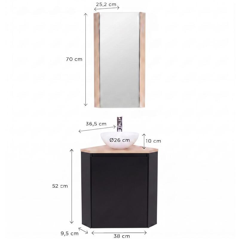 Ensemble lave-mains d'angle avec vasque, robinet et armoire de toilette
