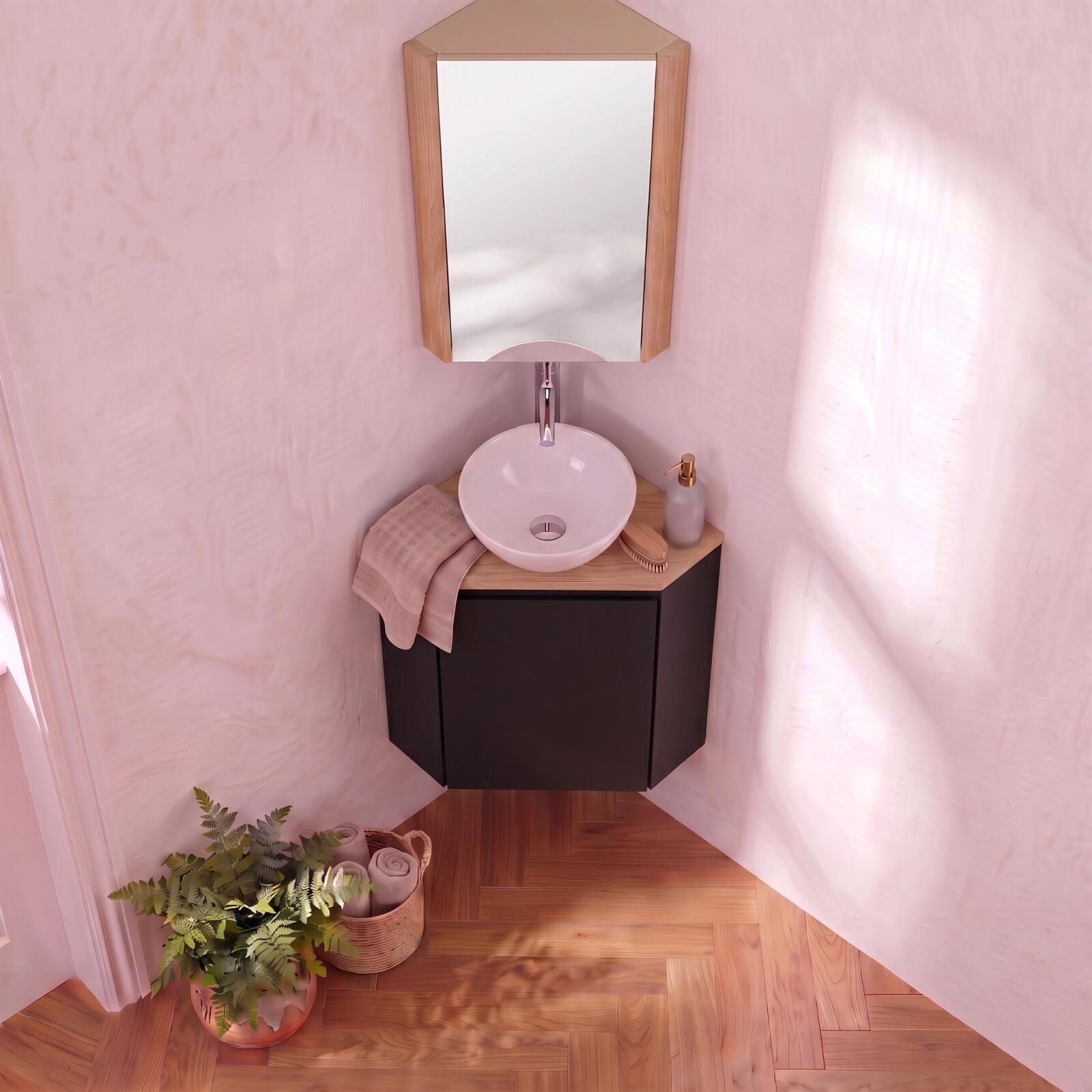 Ensemble lave-mains d'angle avec vasque, robinet et armoire de toilette