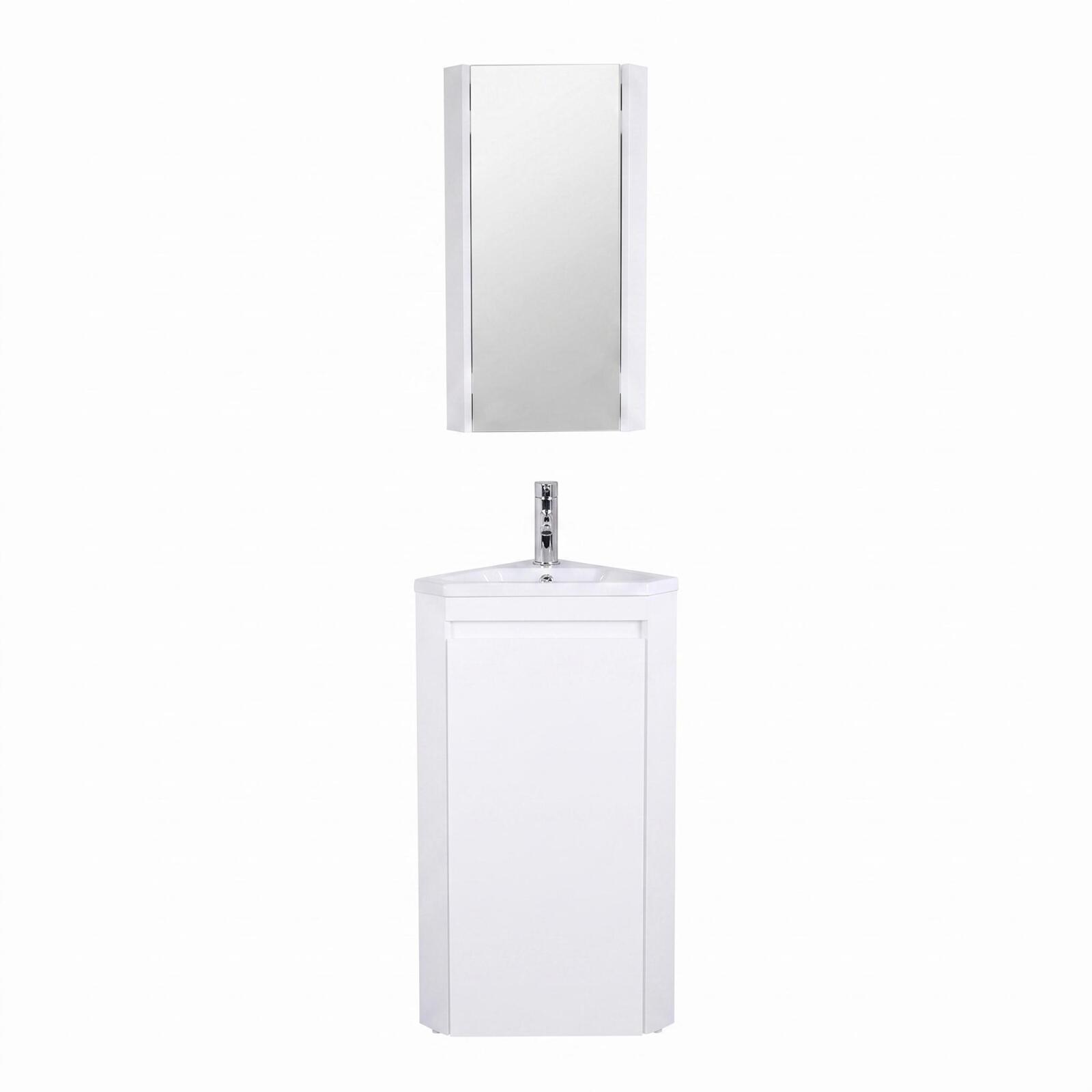 Ensemble lave-mains d'angle sur pieds avec robinet noir et armoire de toilette