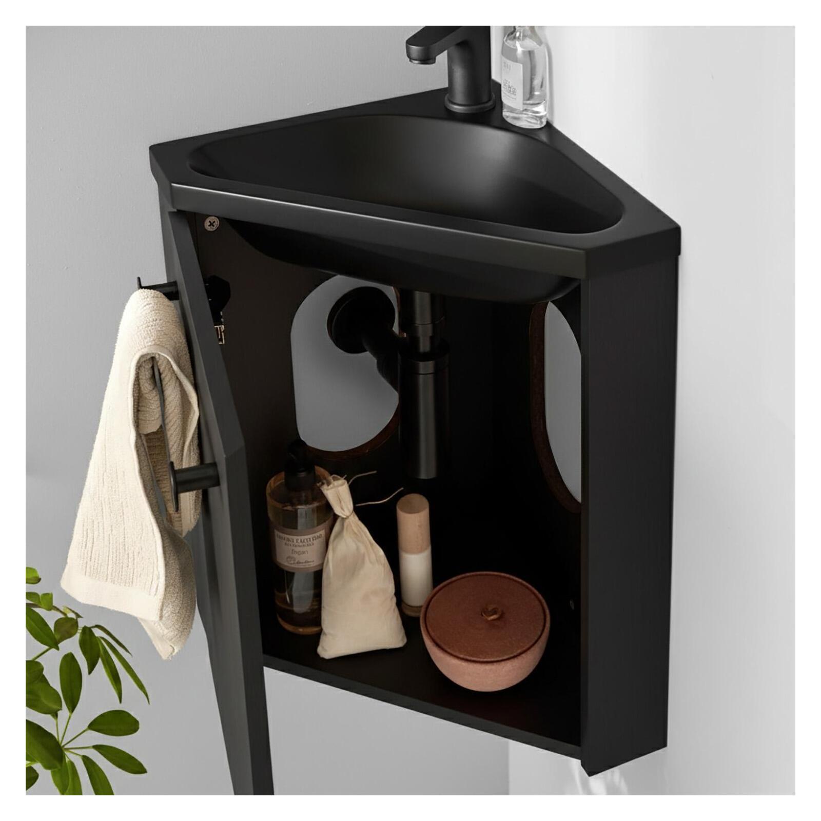 Ensemble lave-mains angle suspendu avec robinet et armoire d'angle décor chêne