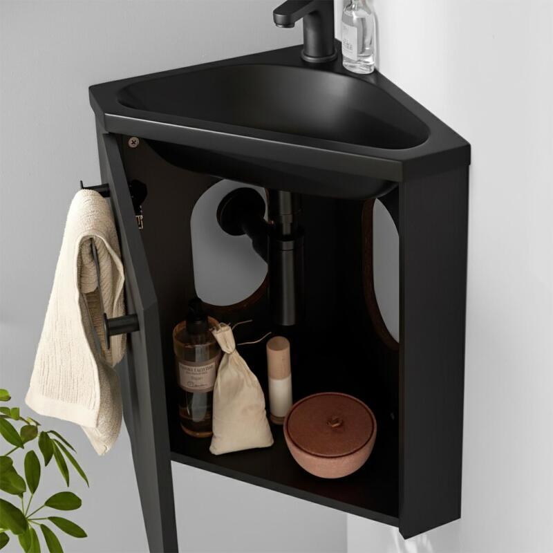 Ensemble lave-mains angle suspendu avec robinet et armoire d'angle décor chêne