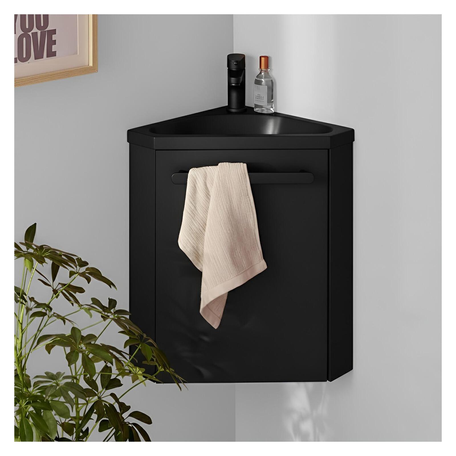 Ensemble lave-mains angle suspendu avec robinet et armoire d'angle décor chêne