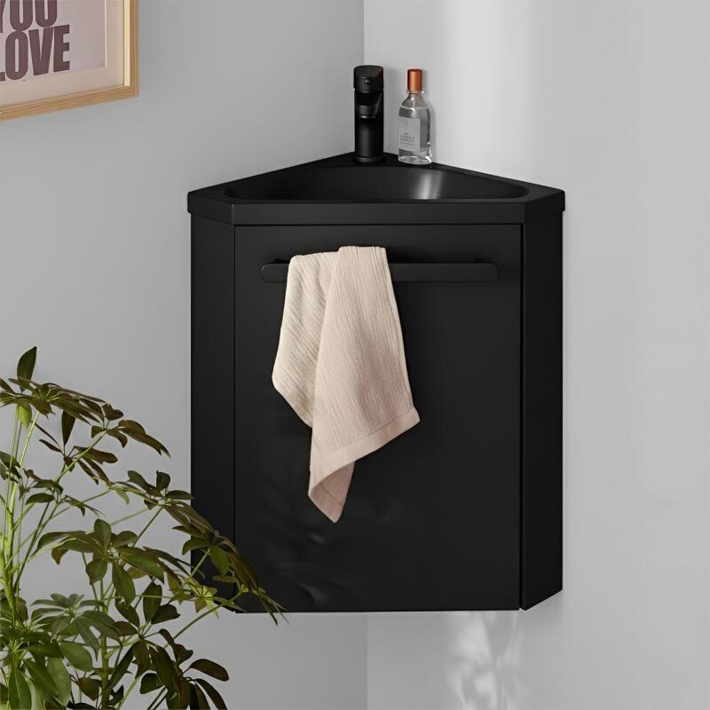 Ensemble lave-mains angle suspendu avec robinet et armoire d'angle décor chêne