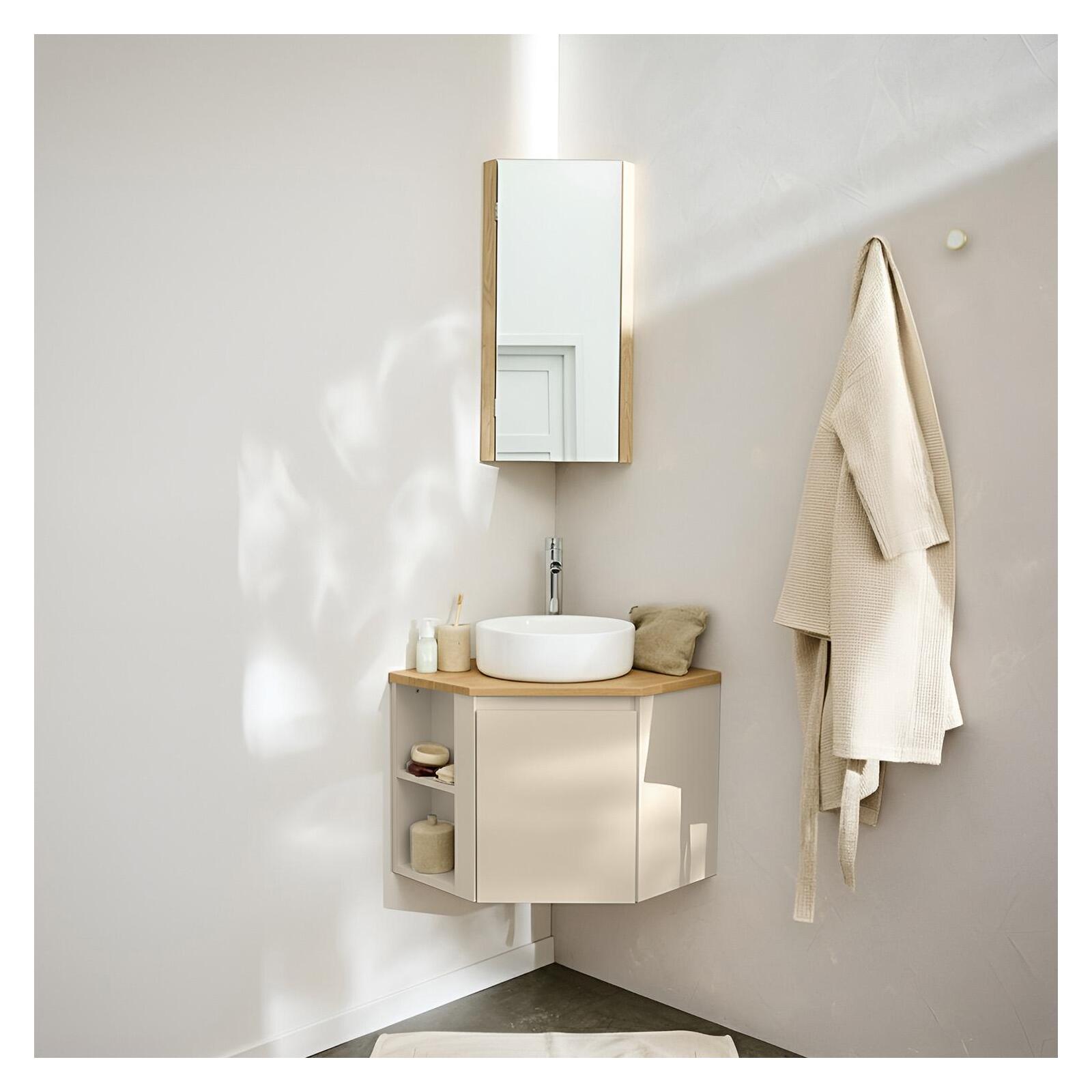 Meuble sous vasque d'angle suspendu 52cm - avec plan vasque décor chêne