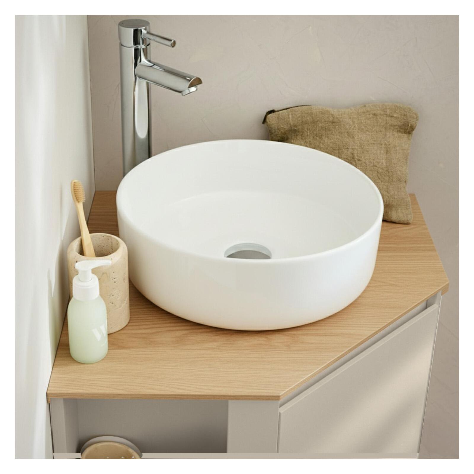 Meuble sous vasque d'angle suspendu 52cm - avec plan vasque décor chêne