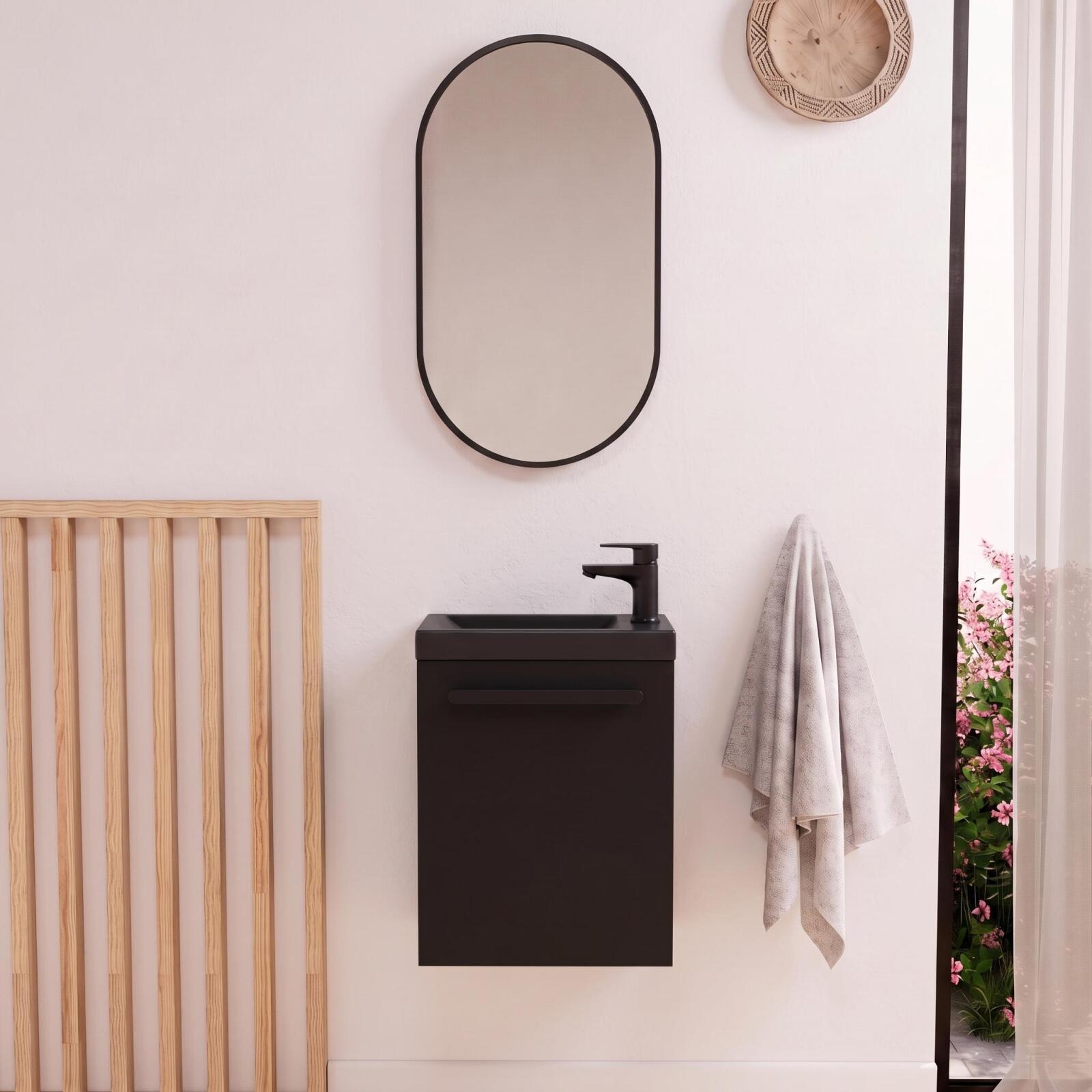 Ensemble lave-mains suspendu avec poignée métal, robinet noir et miroir ovale noir