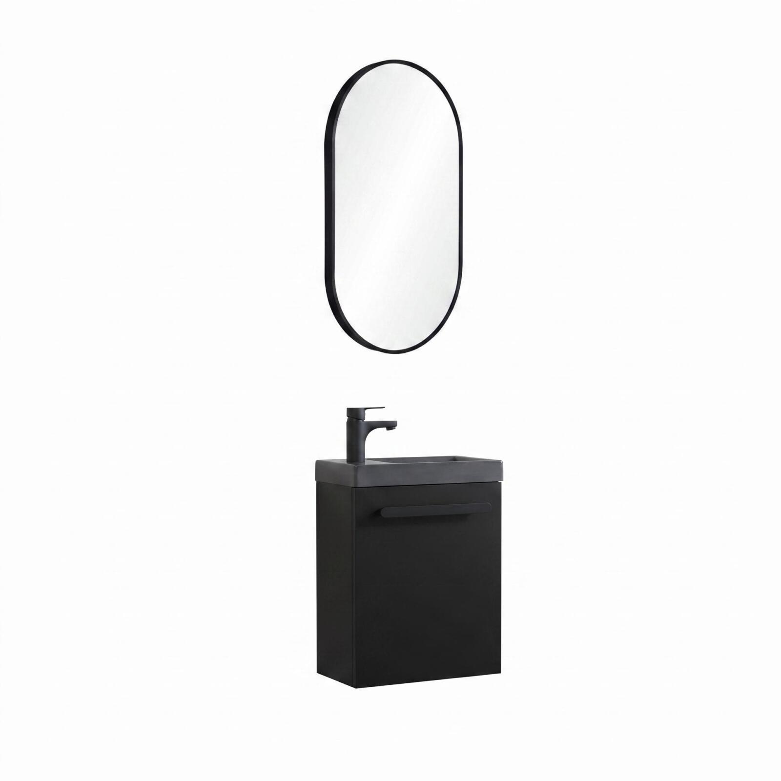 Ensemble lave-mains suspendu avec poignée métal, robinet noir et miroir ovale noir