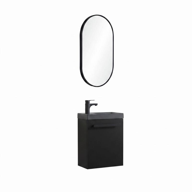 Ensemble lave-mains suspendu avec poignée métal, robinet noir et miroir ovale noir