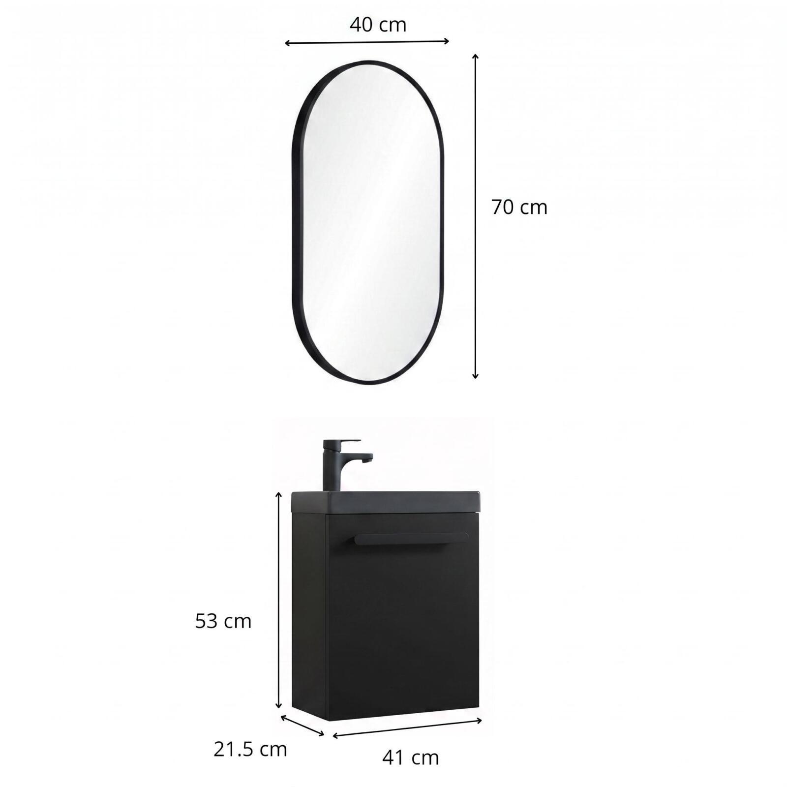 Ensemble lave-mains suspendu avec poignée métal, robinet noir et miroir ovale noir