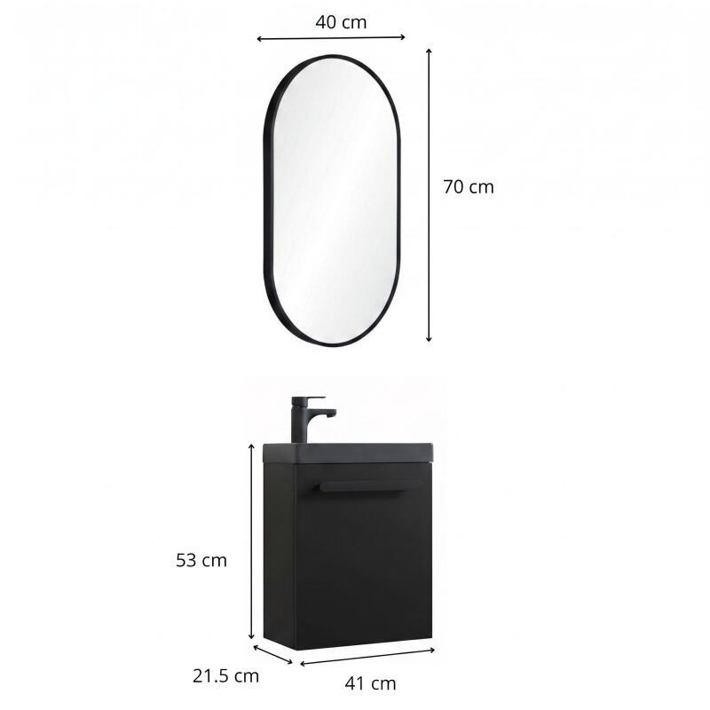 Ensemble lave-mains suspendu avec poignée métal, robinet noir et miroir ovale noir