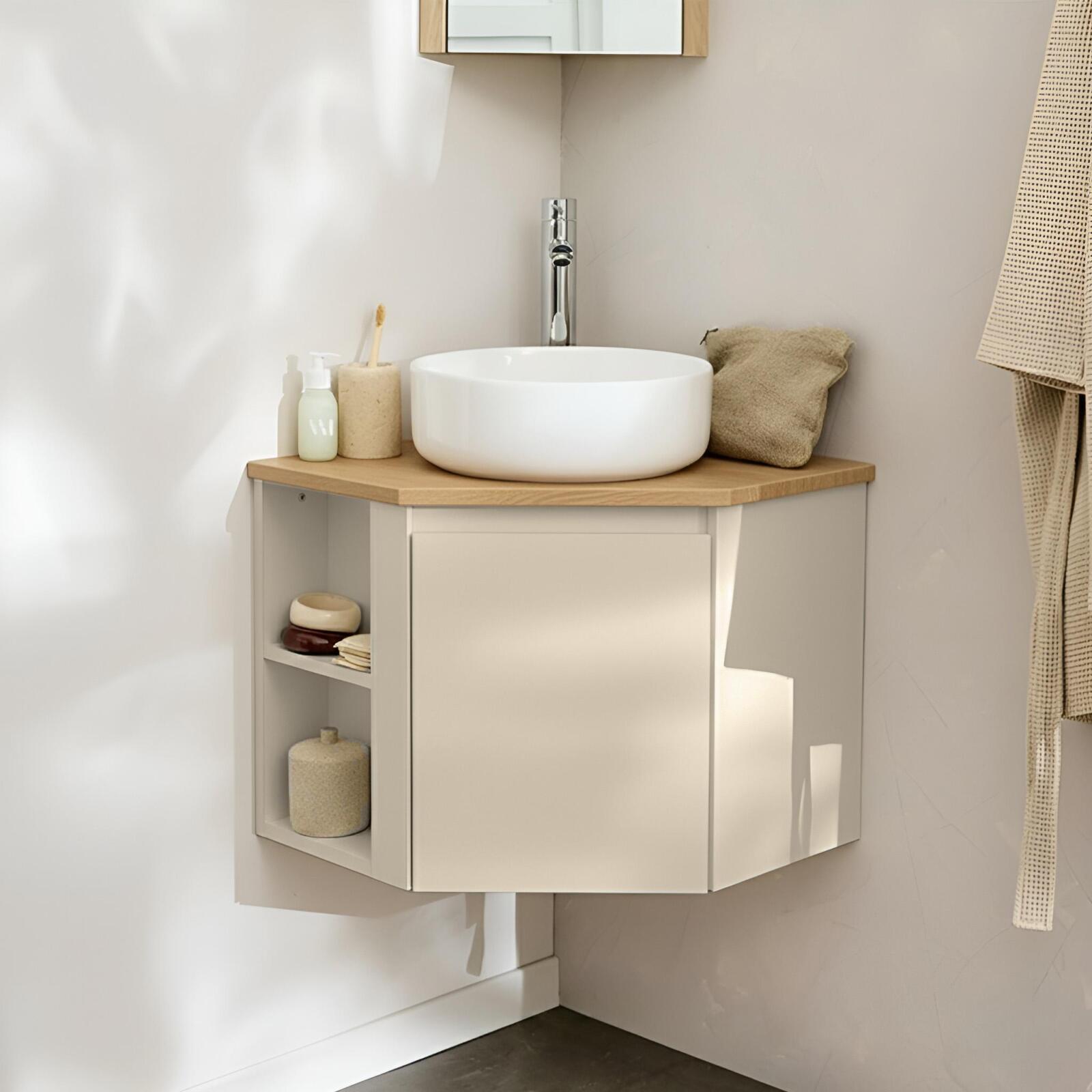 Ensemble meuble sous vasque d'angle avec vasque blanche et robinet chromé