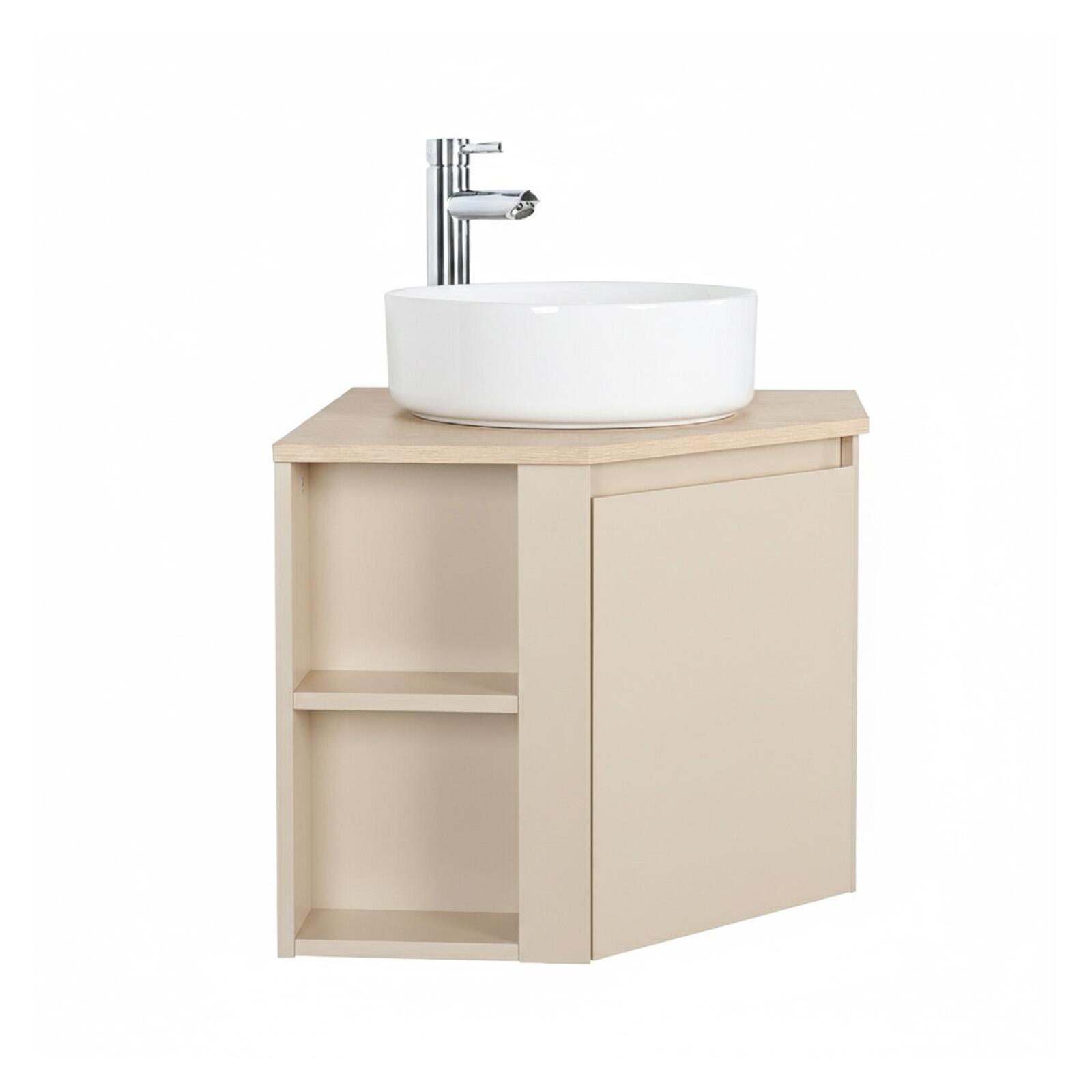 Ensemble meuble sous vasque d'angle avec vasque blanche et robinet chromé