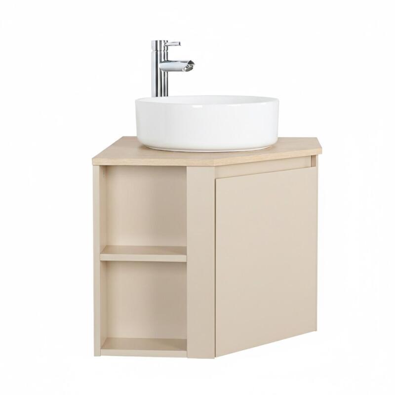 Ensemble meuble sous vasque d'angle avec vasque blanche et robinet chromé