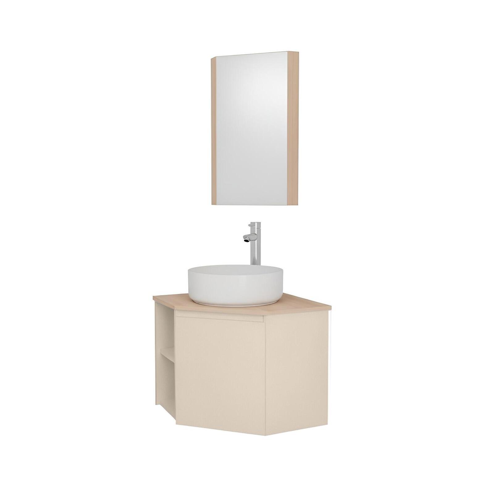Ensemble meuble sous vasque d'angle avec vasque, robinet chromé et armoire de toilette