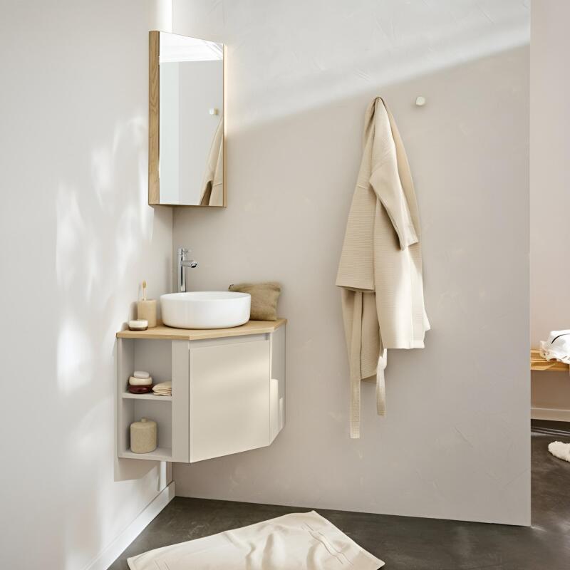 Ensemble meuble sous vasque d'angle avec vasque, robinet chromé et armoire de toilette