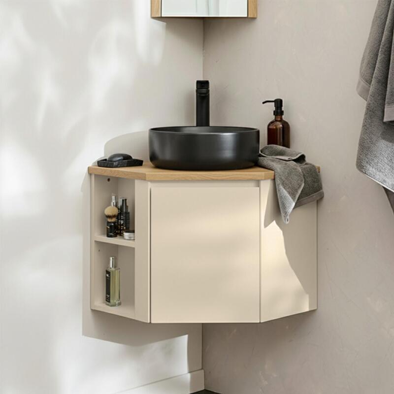 Ensemble meuble sous vasque d'angle avec vasque noire