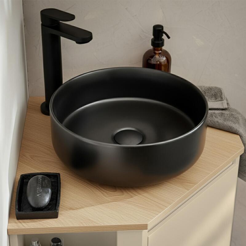 Ensemble meuble sous vasque d'angle avec vasque noire