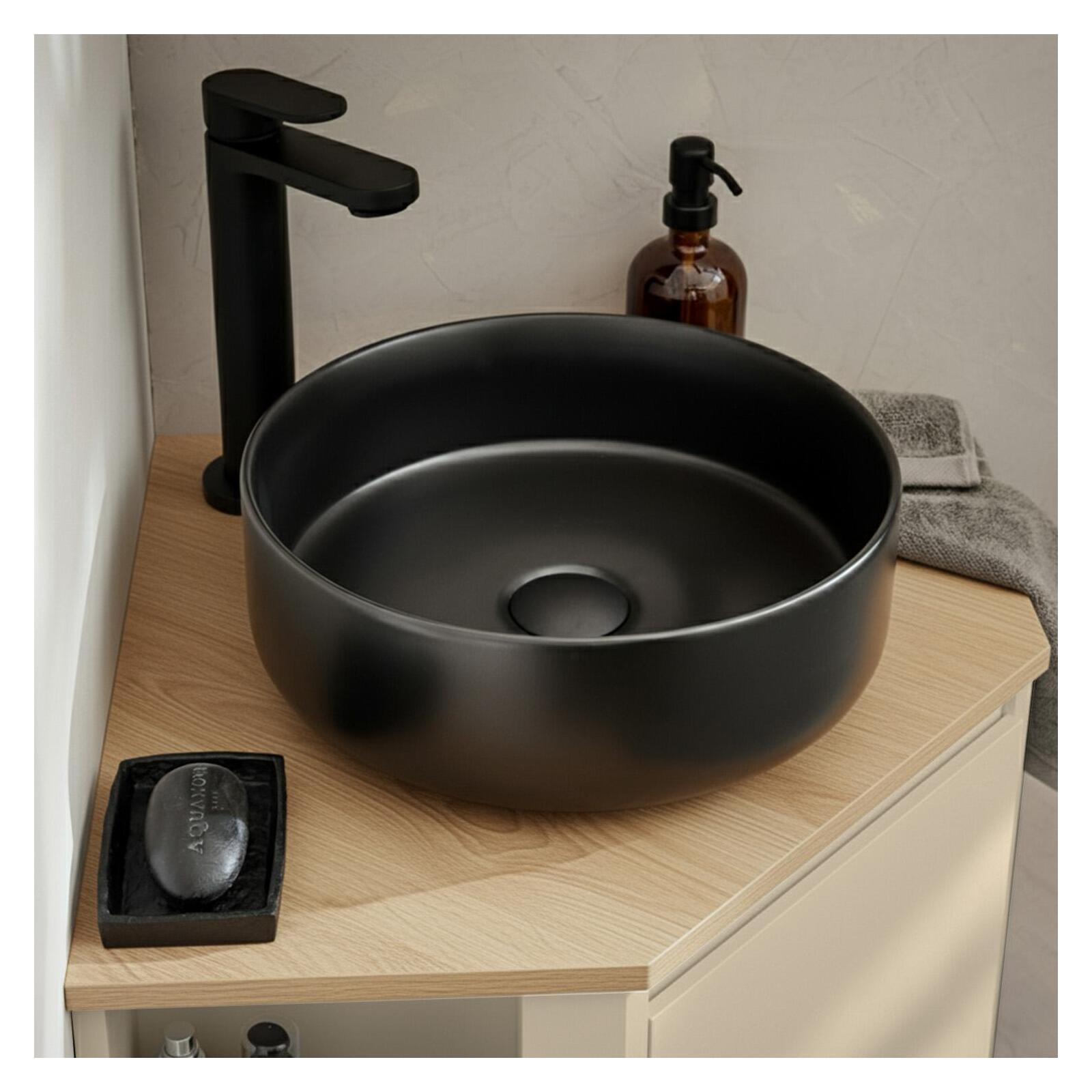 Ensemble meuble sous vasque d'angle avec vasque et robinet noir