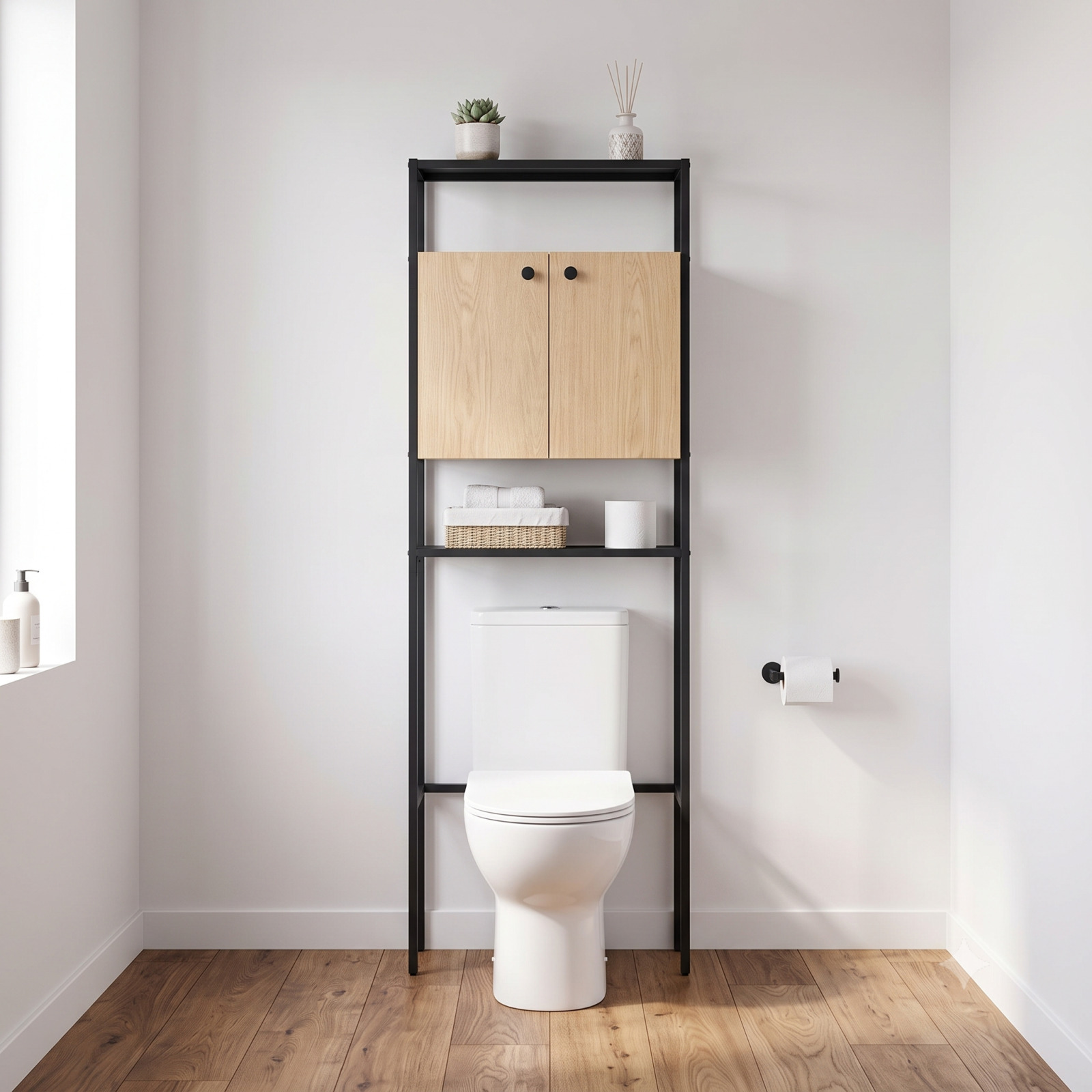 Etagère pont WC bois et métal noir - avec rangement fermé - 180x66cm