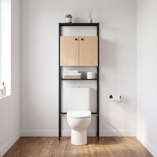 Etagère pont WC bois et métal noir - avec rangement fermé - 180x66cm