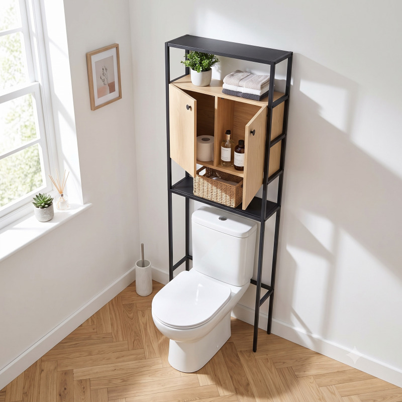 Etagère pont WC bois et métal noir - avec rangement fermé - 180x66cm