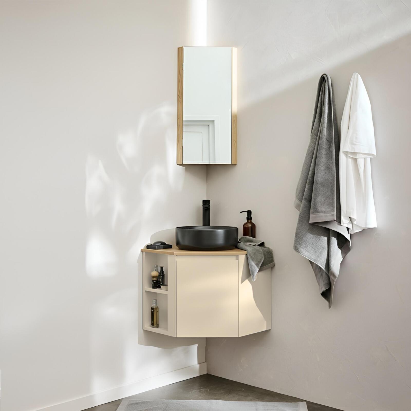 Ensemble meuble sous vasque d'angle avec vasque, robinet noir et armoire de toilette