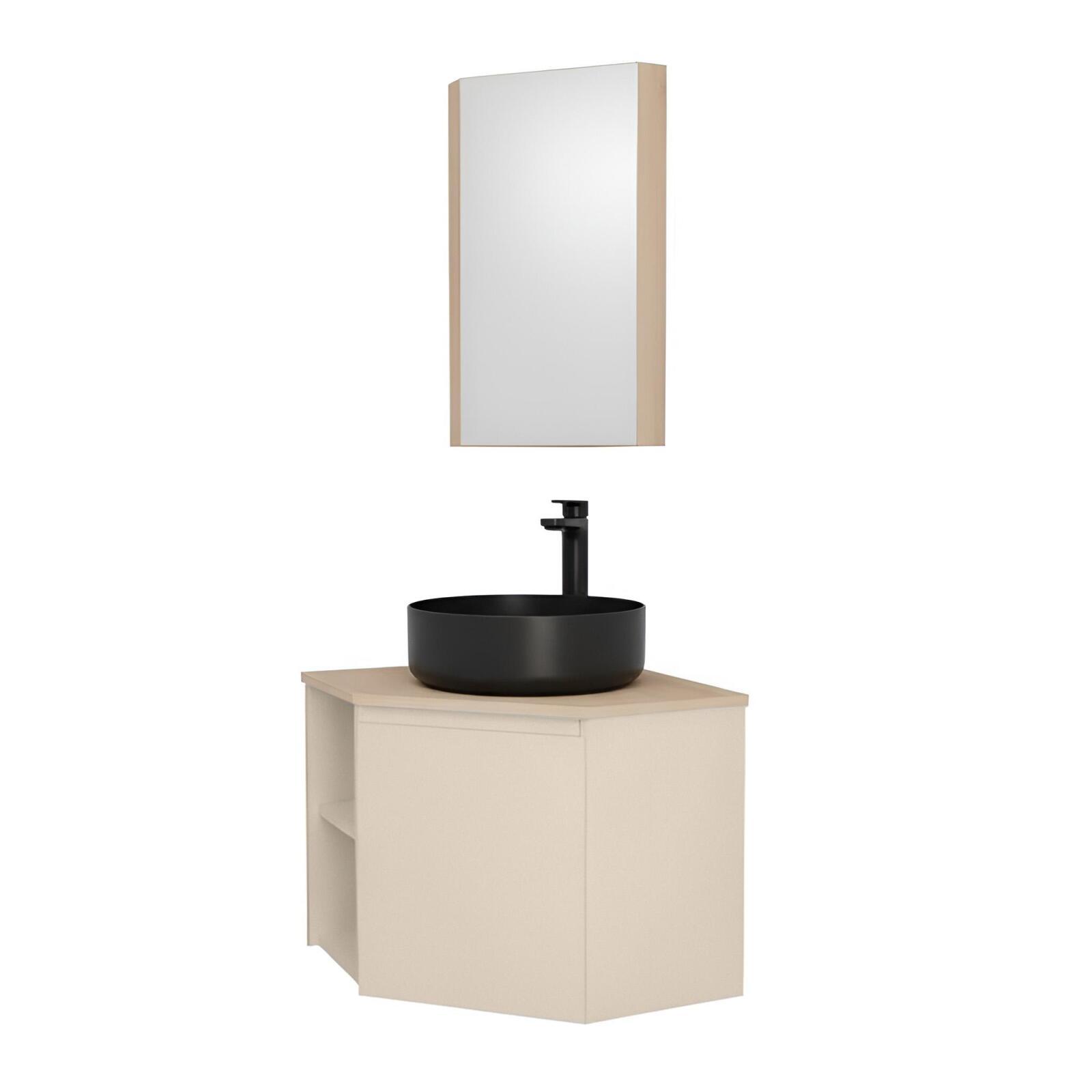 Ensemble meuble sous vasque d'angle avec vasque, robinet noir et armoire de toilette