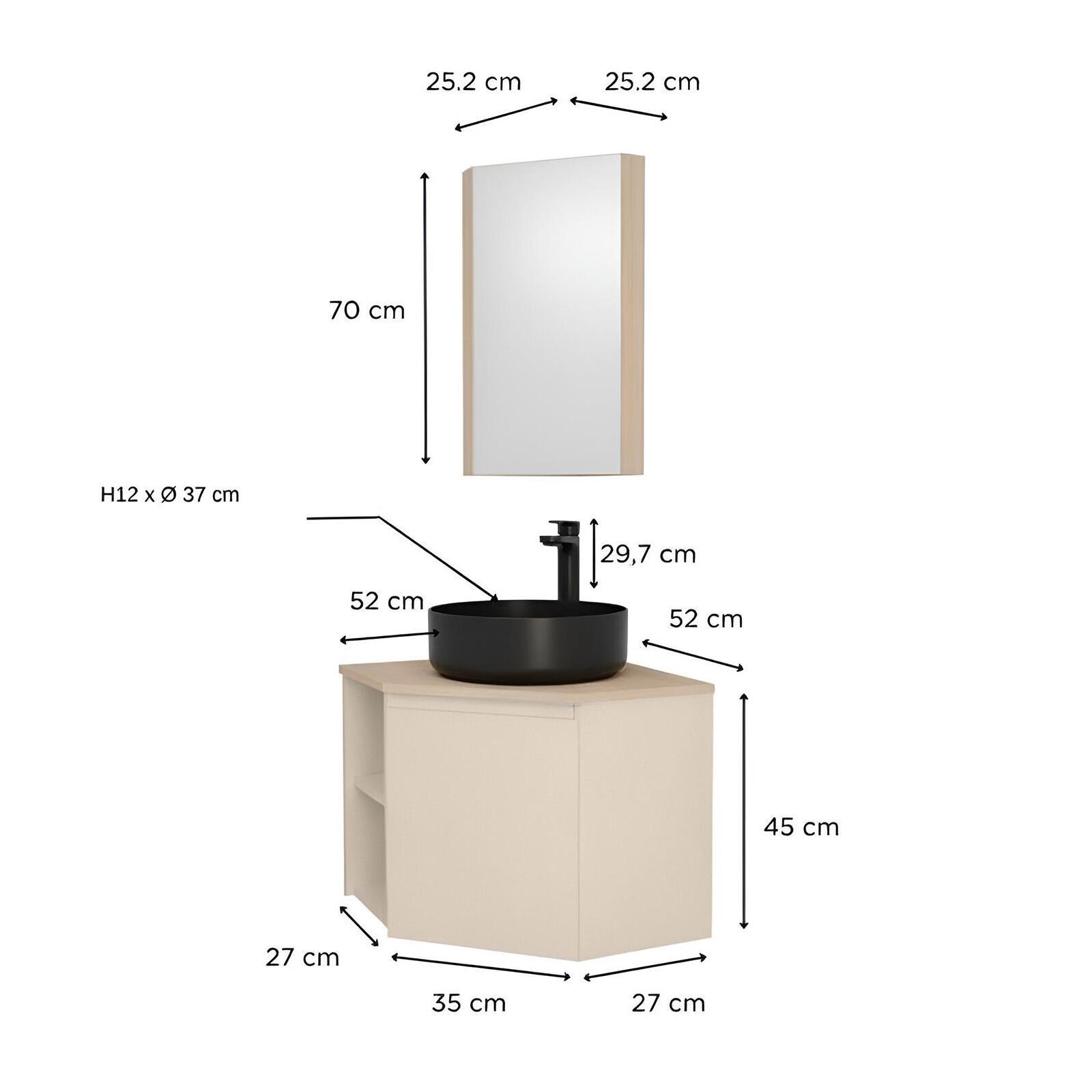 Ensemble meuble sous vasque d'angle avec vasque, robinet noir et armoire de toilette