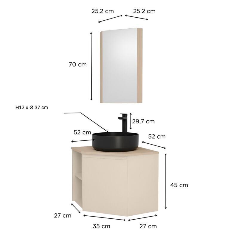 Ensemble meuble sous vasque d'angle avec vasque, robinet noir et armoire de toilette