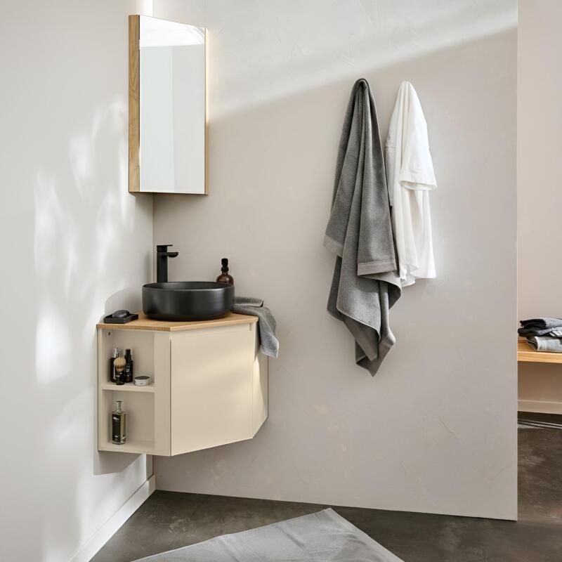 Ensemble meuble sous vasque d'angle avec vasque, robinet noir et armoire de toilette