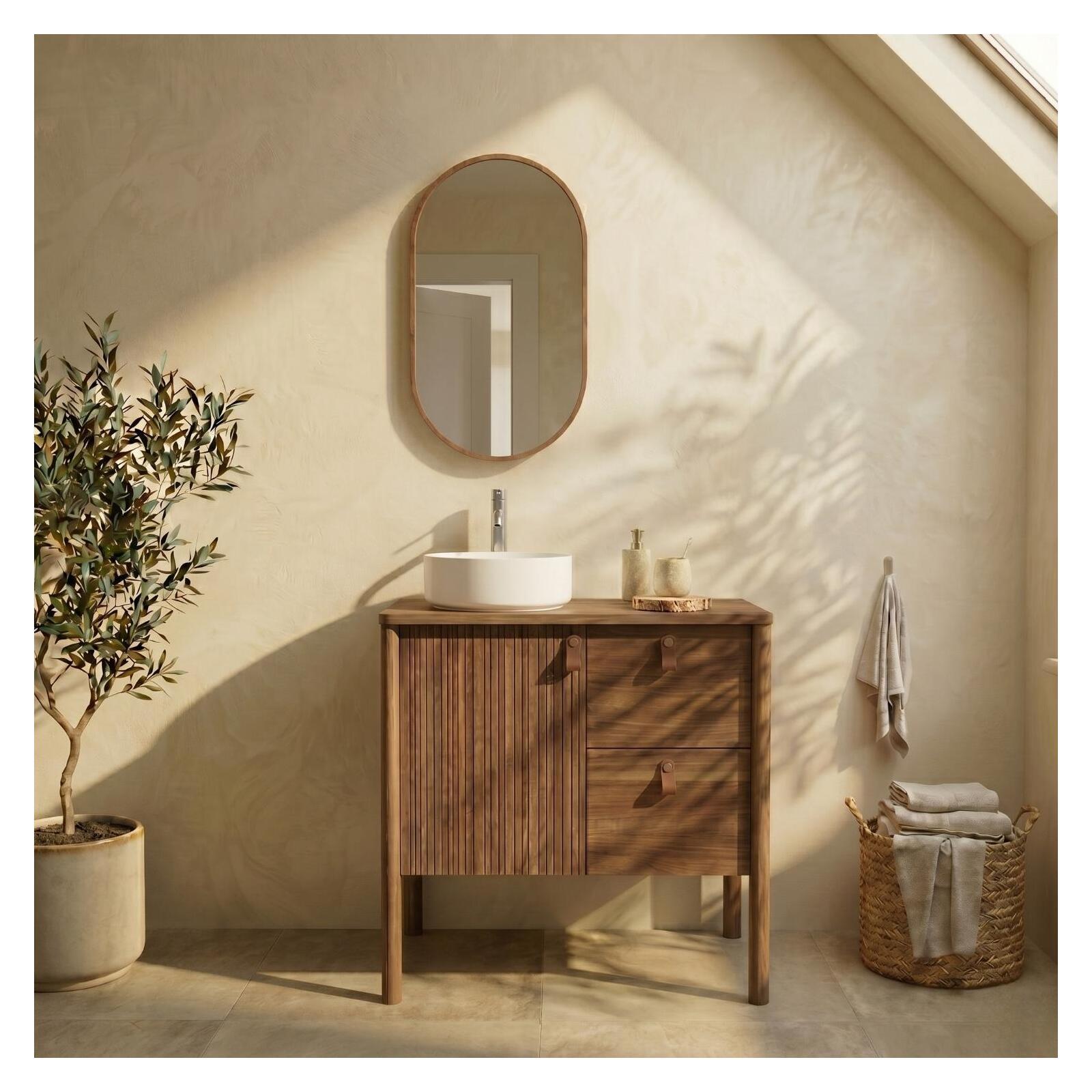 Meuble simple vasque 80 cm sur pieds en placage chêne - pour vasque à poser 