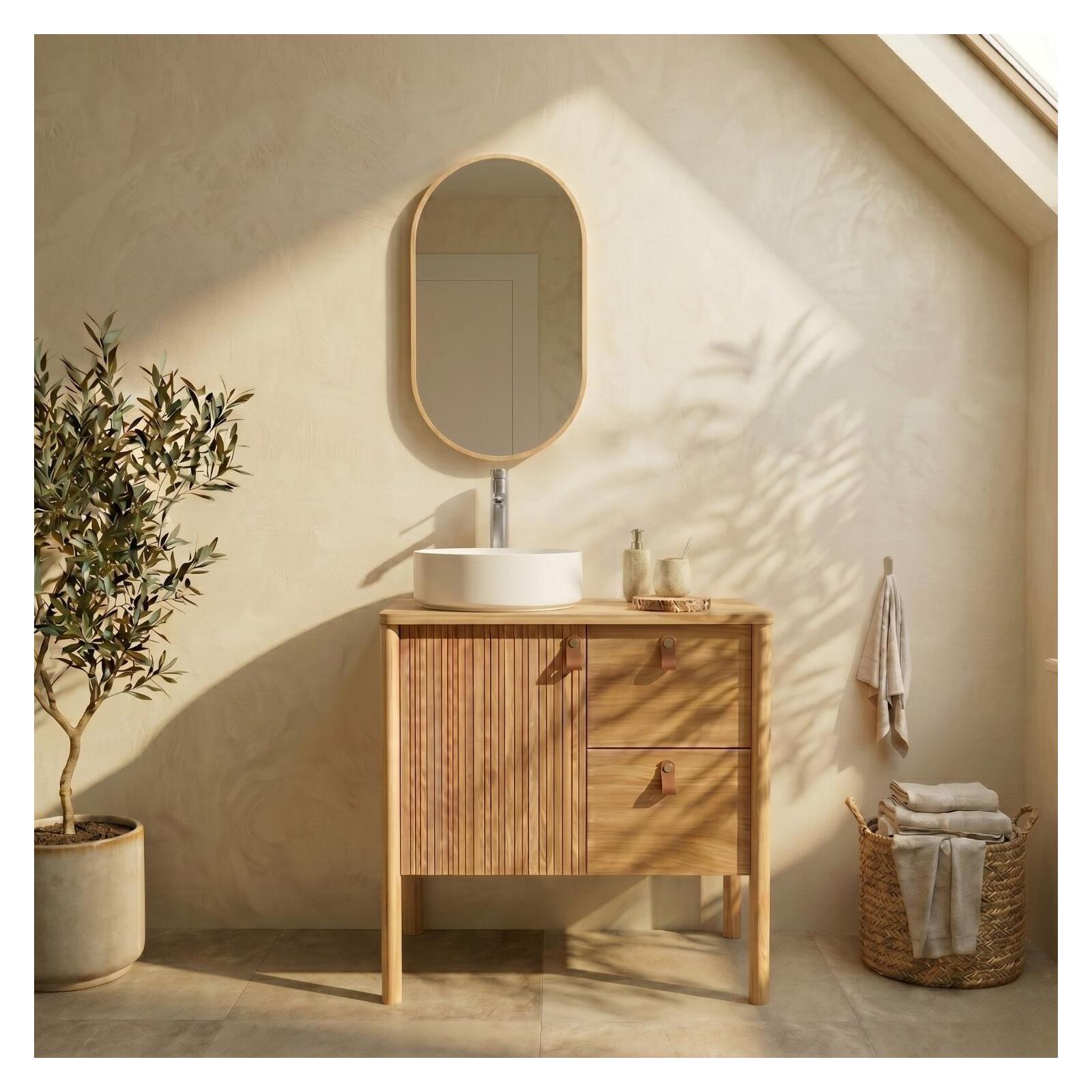 Meuble simple vasque 80 cm sur pieds en placage chêne - pour vasque à poser 