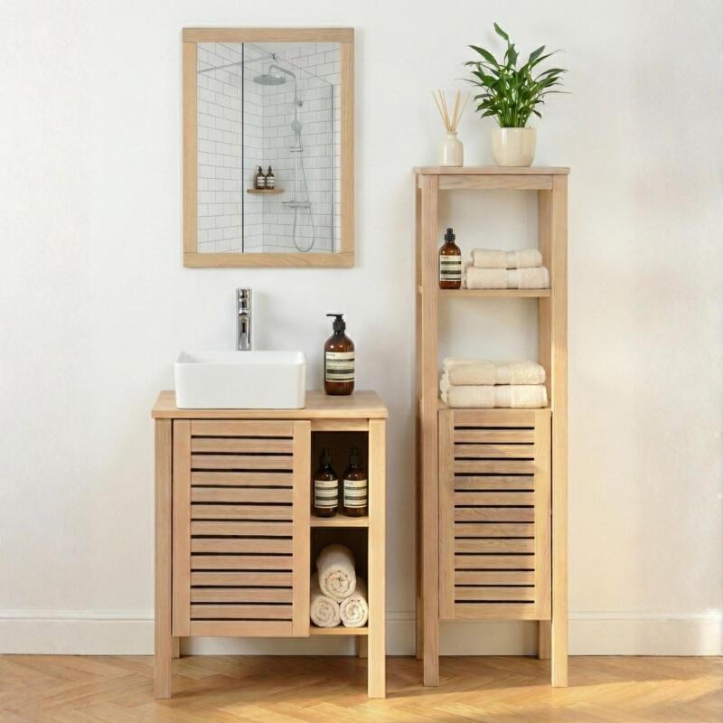Meuble simple vasque sur pieds en chêne naturel 60 cm