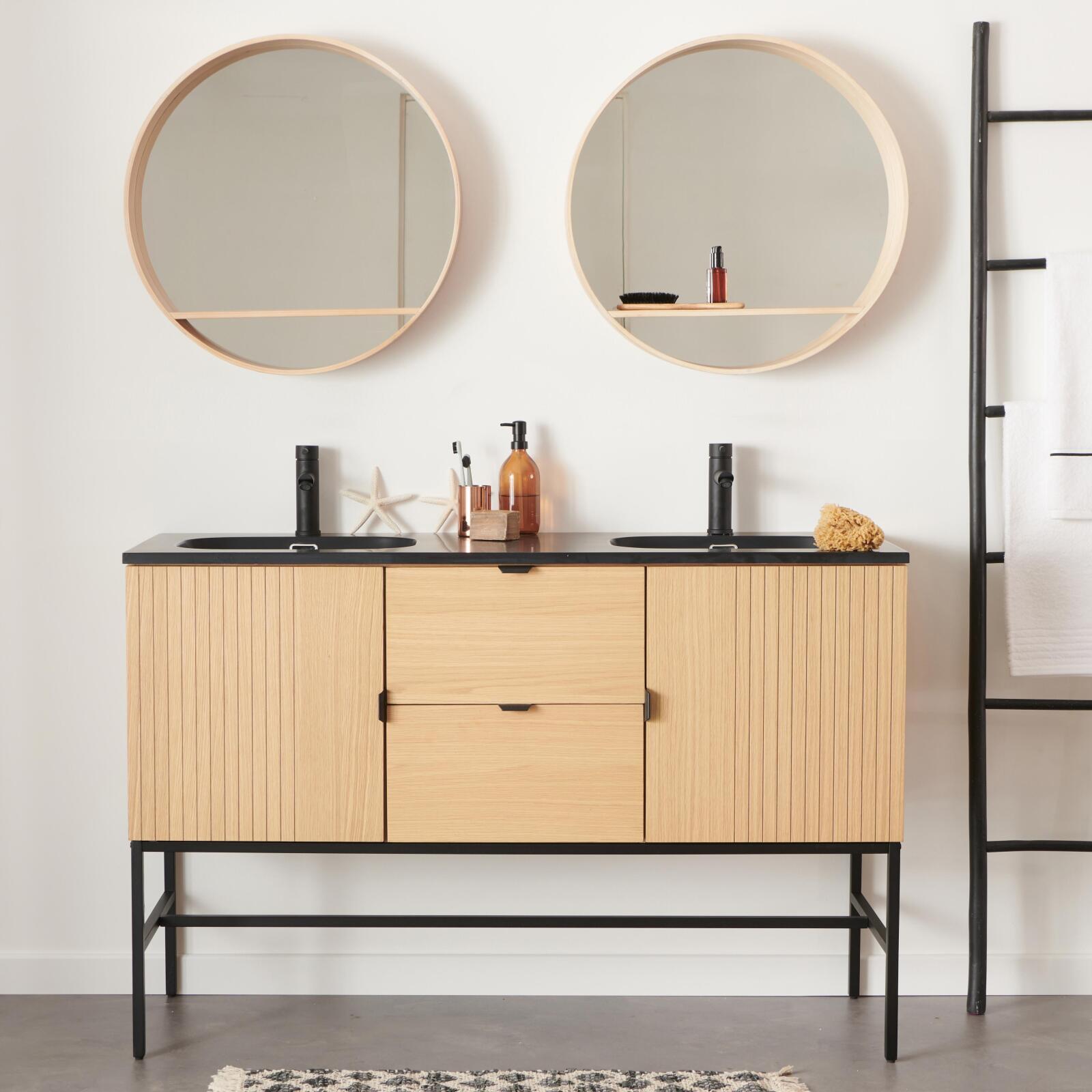Meuble double vasque sur pieds en chêne 140 cm - avec plan double vasque noir en résine