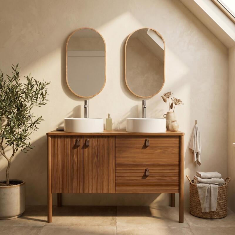 Meuble double vasque sur pieds en chêne 120 cm - sans vasque