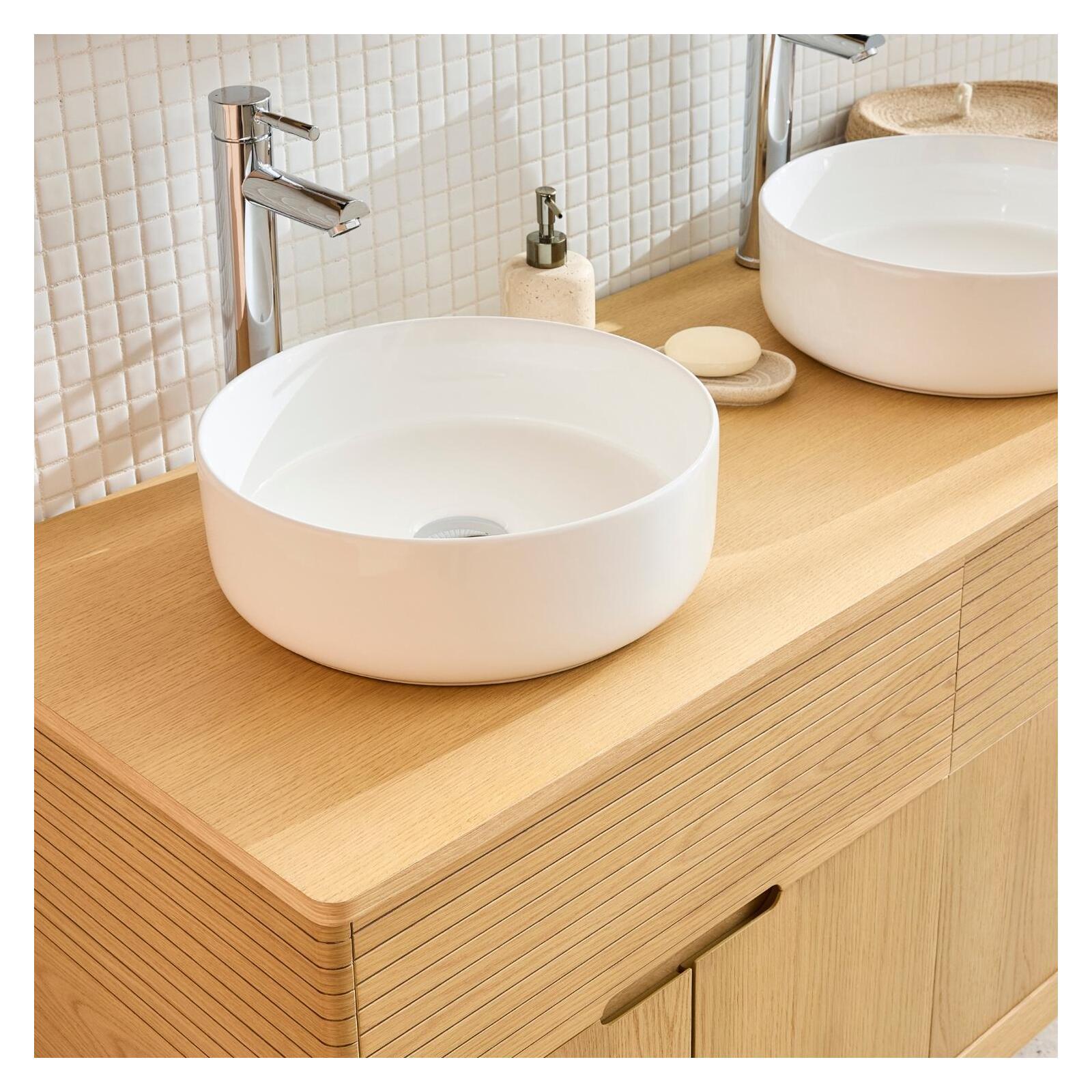 Meuble double vasque 120 cm sur pieds en chêne naturel - sans vasque
