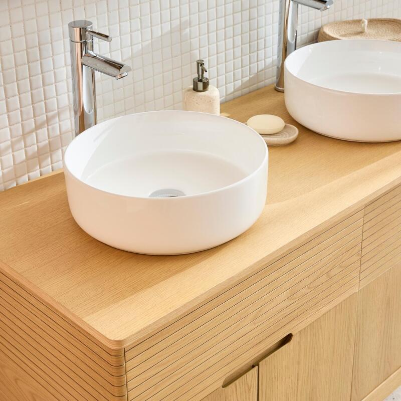Meuble double vasque 120 cm sur pieds en chêne naturel - sans vasque