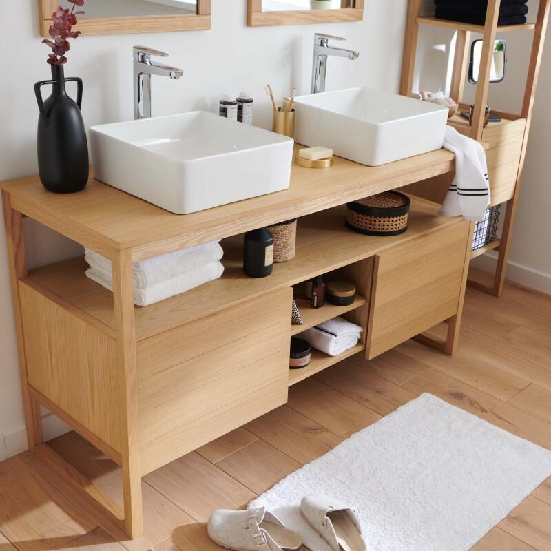 Meuble double vasque sur pieds en chêne 140 cm - sans vasque