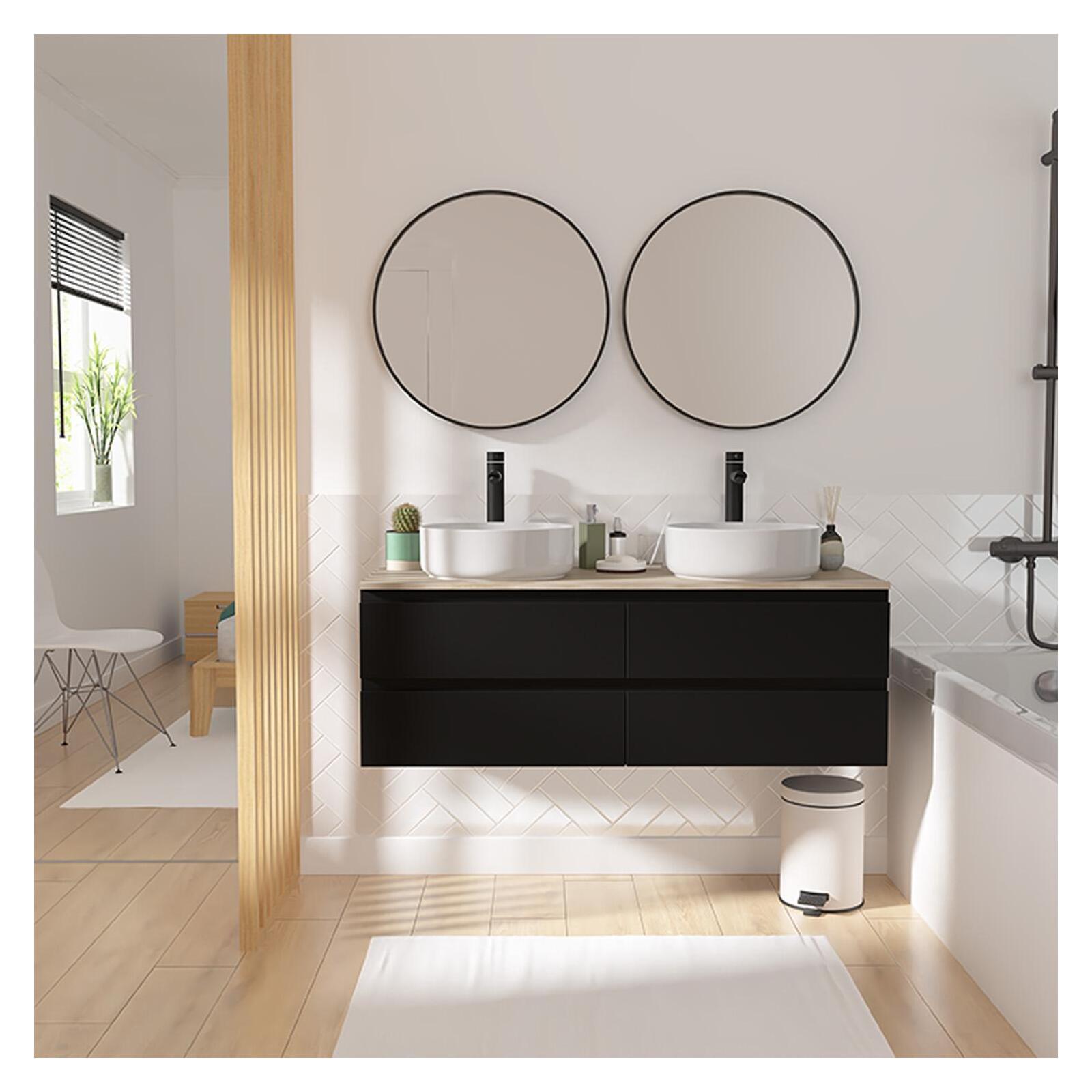 Meuble double vasque suspendu 120cm - avec plan vasque décor chêne - sans vasque