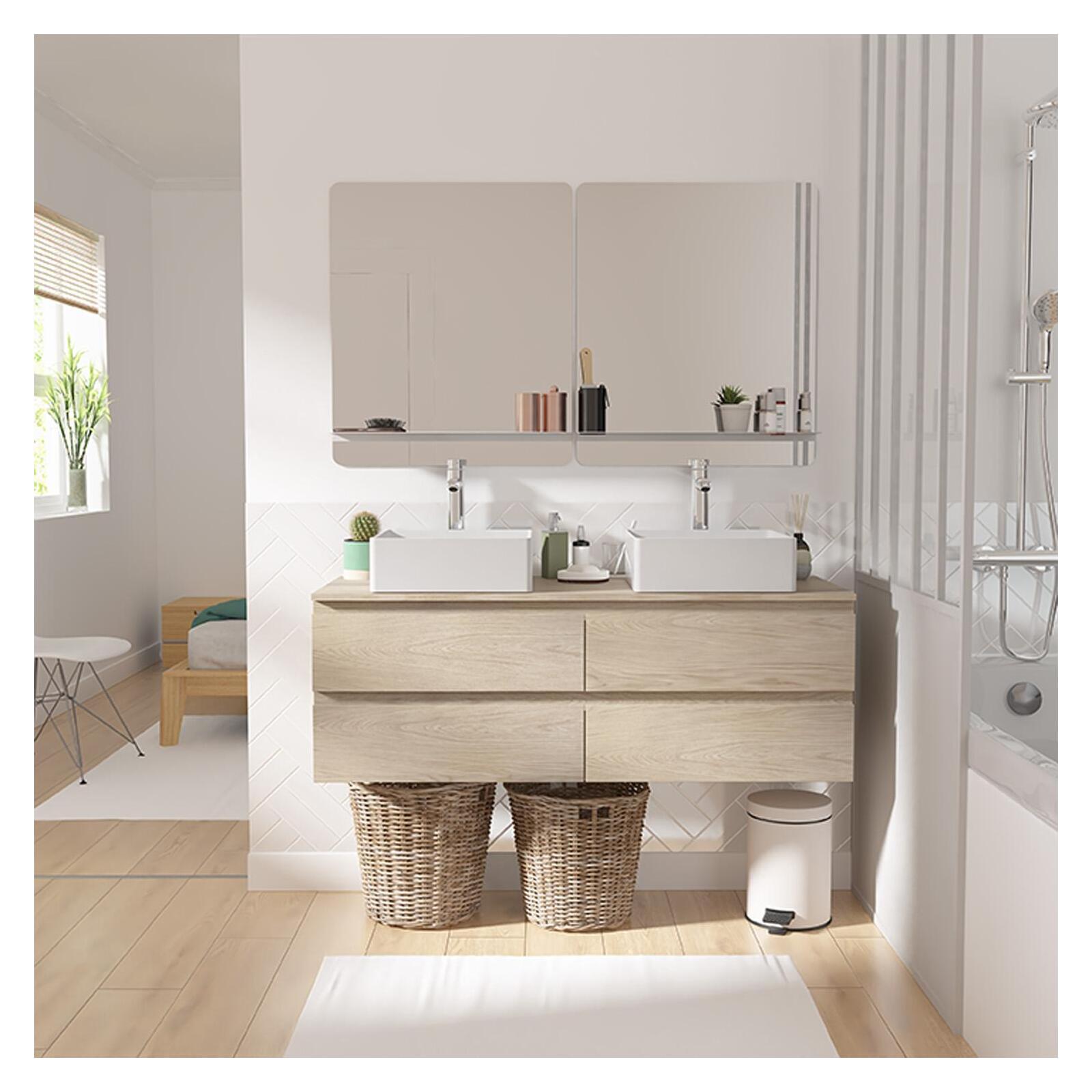 Meuble double vasque suspendu 120cm - avec plan vasque décor chêne - sans vasque